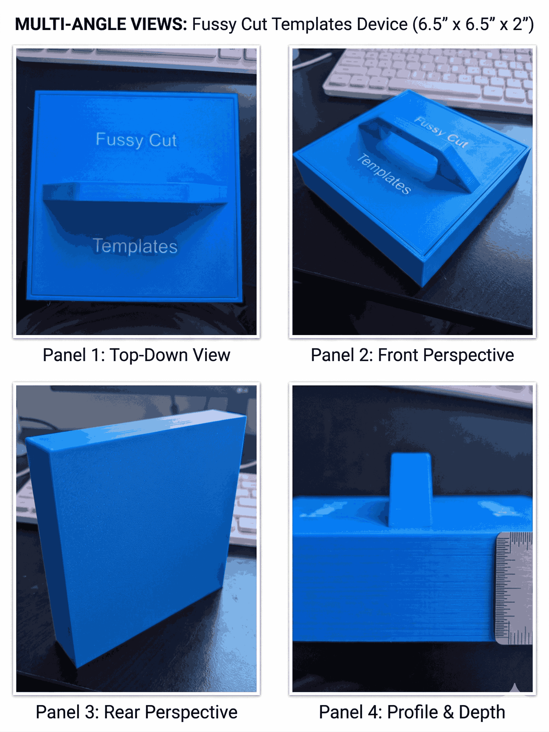 Fussy Cut Templates Device - 3D printed tool for quilters shown in multiple angles